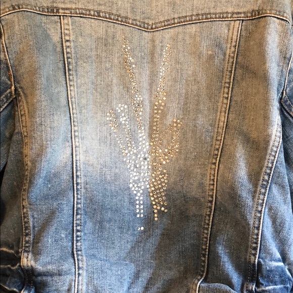 Denim Jean Jacket Peace Sign Fingers L - Picture 2 of 8